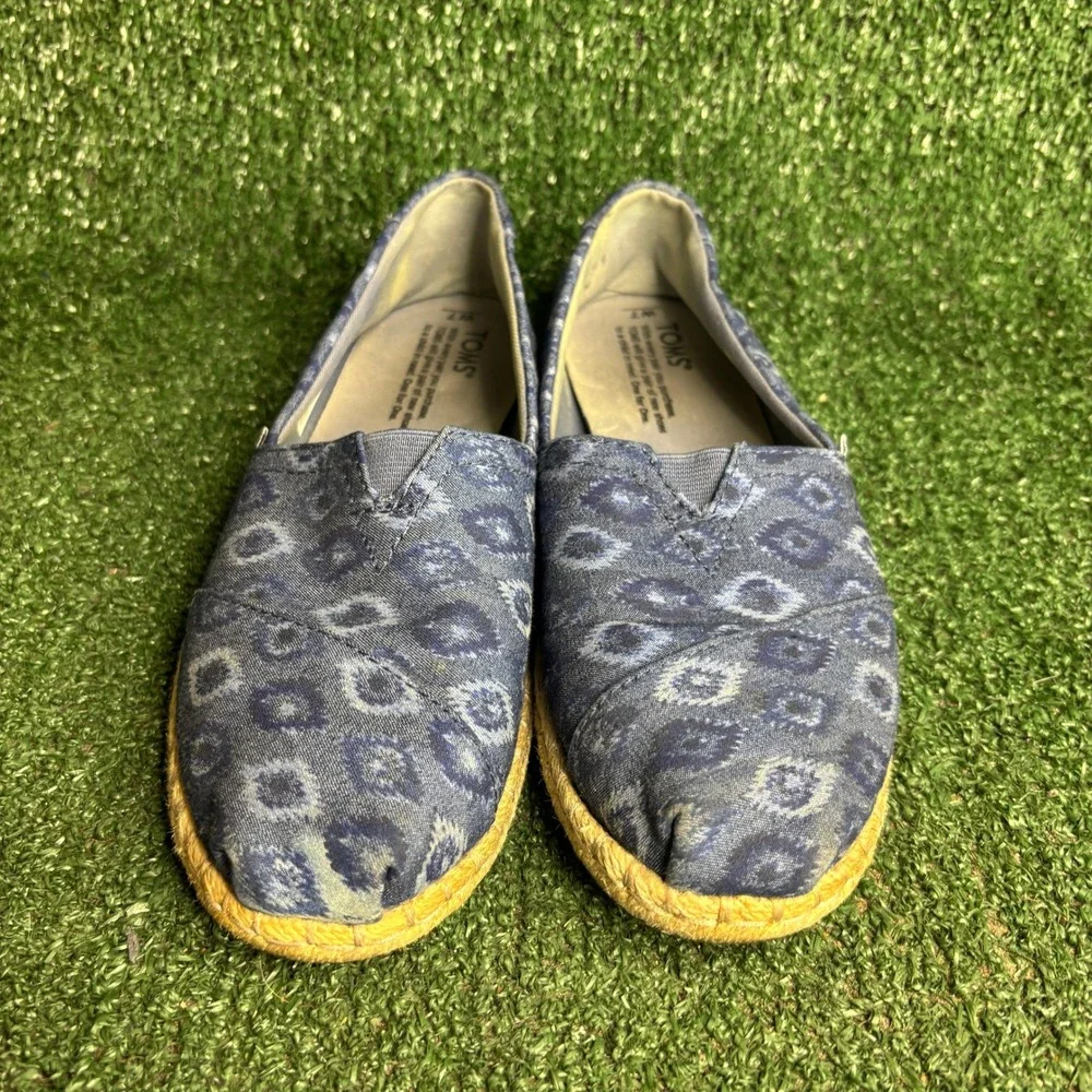 TOMS Alpargata Rope Espadrille Ikat Print Boho Slip On Flat Shoe Blue Womens 7